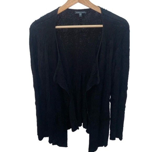 EILEEN FISHER Black Textured Stretch Open Drape Front Cardigan Sweater - Picture 2 of 6